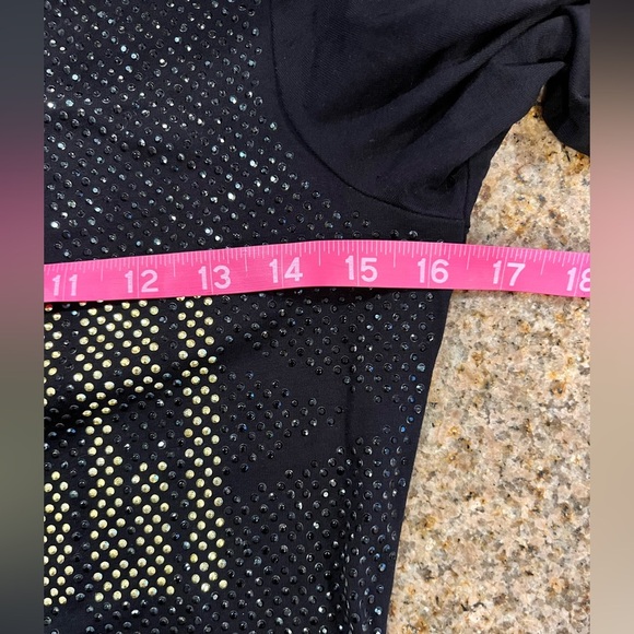 Fiorucci Crystal Rhinestone Logo Long Sleeve Top XS Black Sparkle Tee NWT - Picture 3 of 10